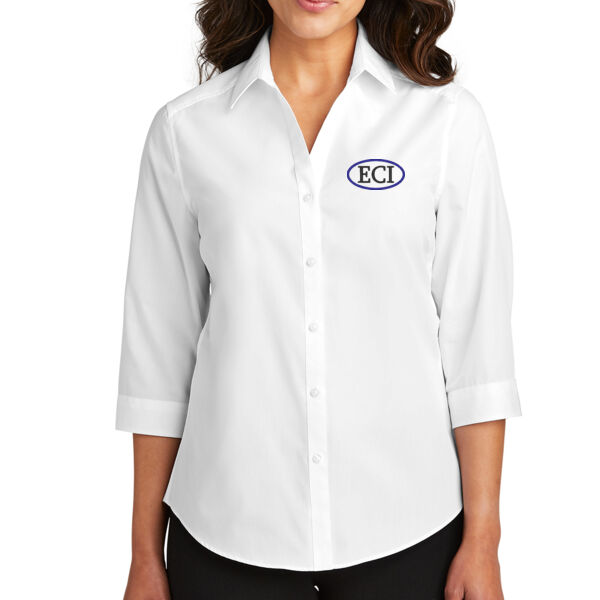 Port Authority® Women's 3/4-Sleeve Carefree Poplin Shirt - Embroidered Logo Thumbnail