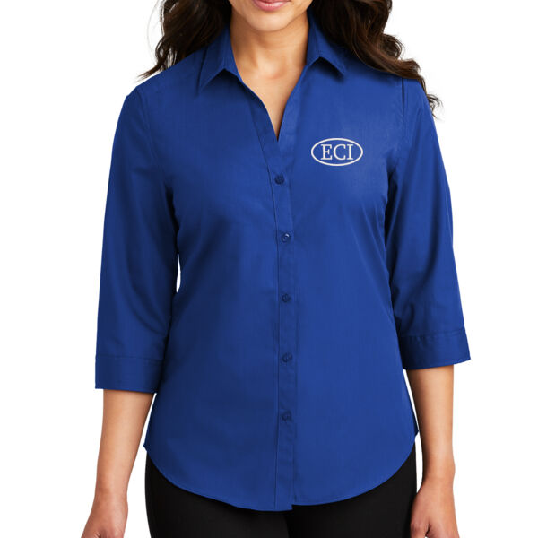 Port Authority® Women's 3/4-Sleeve Carefree Poplin Shirt - Embroidered Logo Thumbnail
